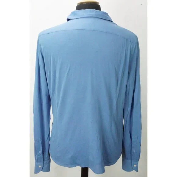 Isaia Solid Blue Woven Long Sleeve Cotton Button Up Polo Shirt Sz M BRAND NEW